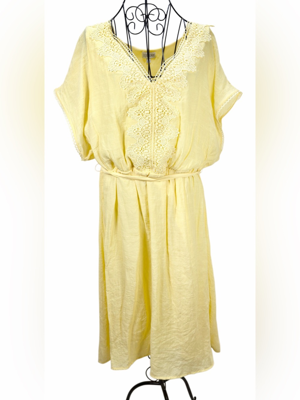 Luxology Lace Trim Yellow Women's Midi Dress Cinch Waist Boho Feminine 2X